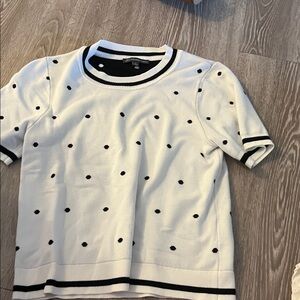 Adrianna Papell White Knit Top with Black Trim and Polka Detail